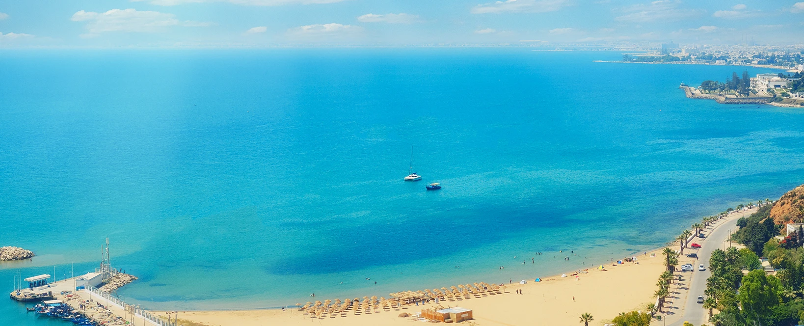 Vedere de sus a mării, plajei, portului cu iahturi și a drumului de-a lungul coastei în Sidi Bou Said, peisaj mediteranean superb, Tunisia